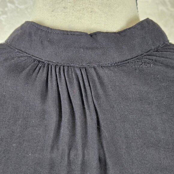 Pretty Good Size Medium Black Tunic White Embroidery Roll Tab Sleeves Back Tie - Picture 13 of 16